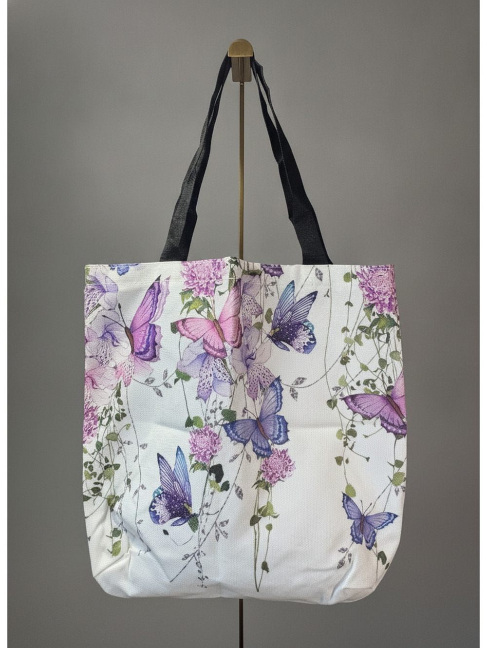 Floral and Butterfly Print Canvas Tote Bag with Black Straps